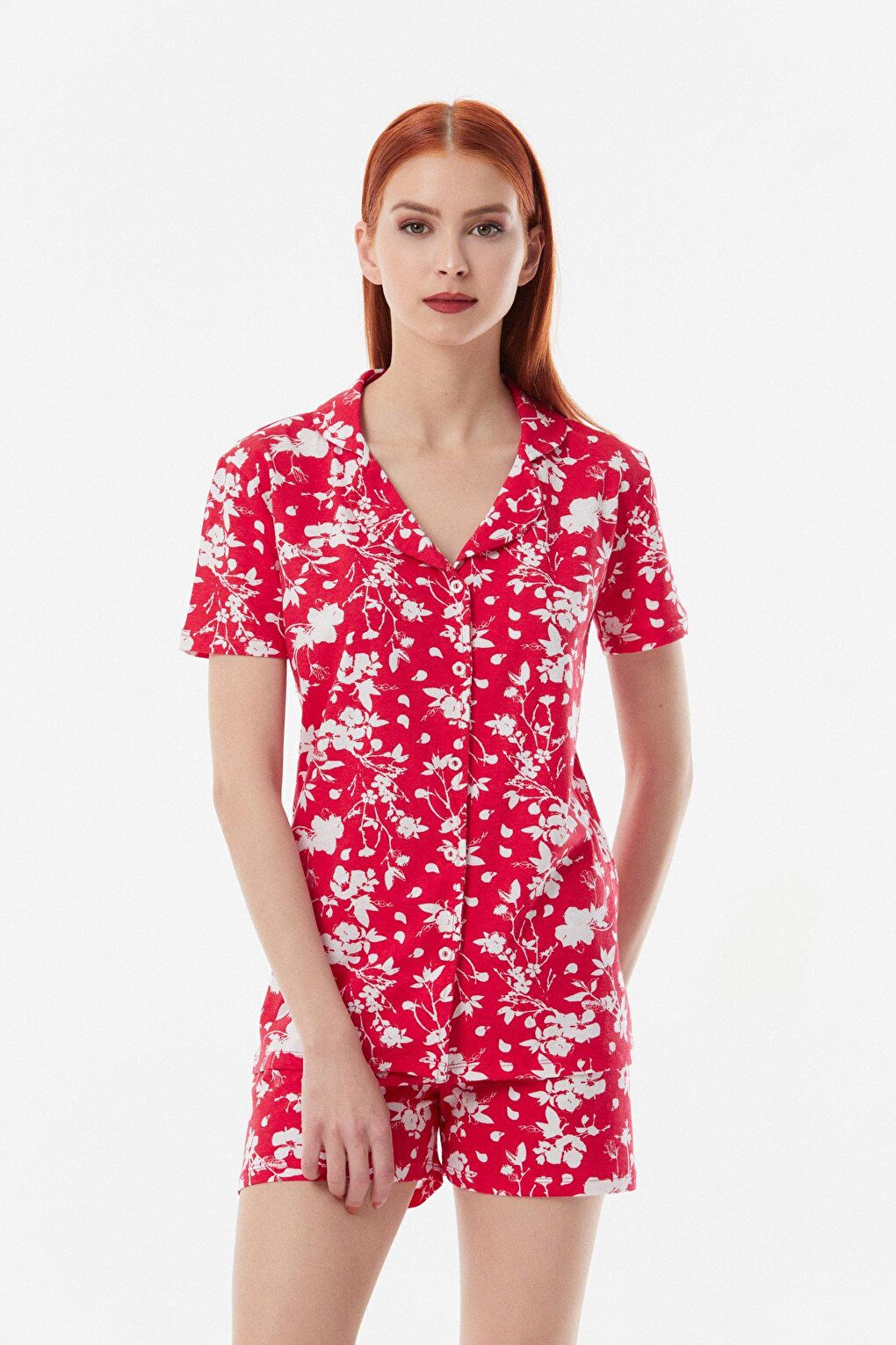 Floral Patterned Buttoned Pajama Set with Shorts