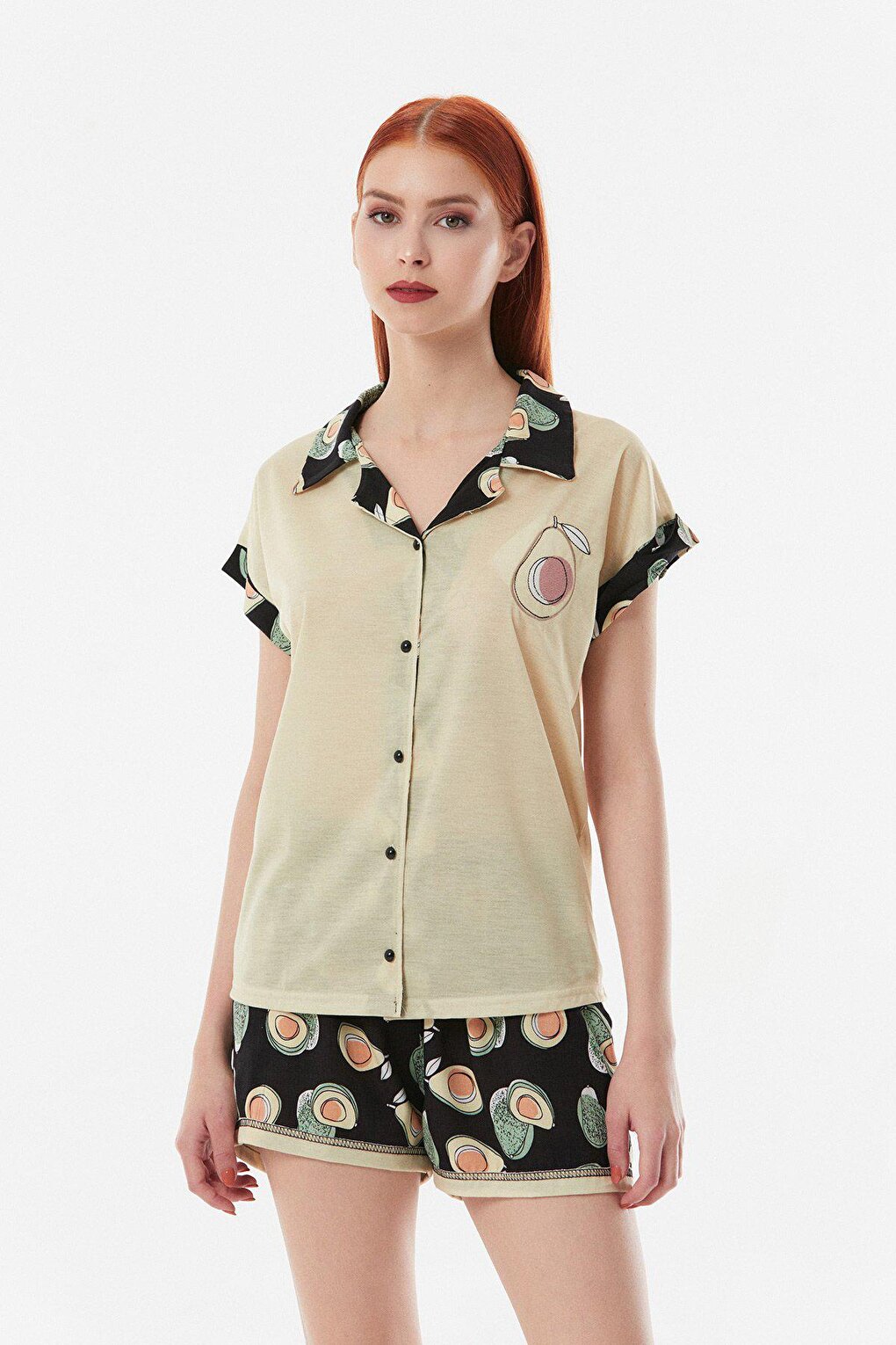 Avocado Patterned Shirt Collar Pajama Set with Shorts