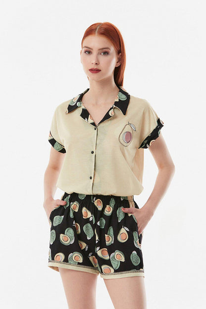 Avocado Patterned Shirt Collar Pajama Set with Shorts