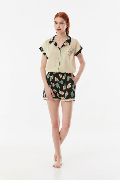 Avocado Patterned Shirt Collar Pajama Set with Shorts