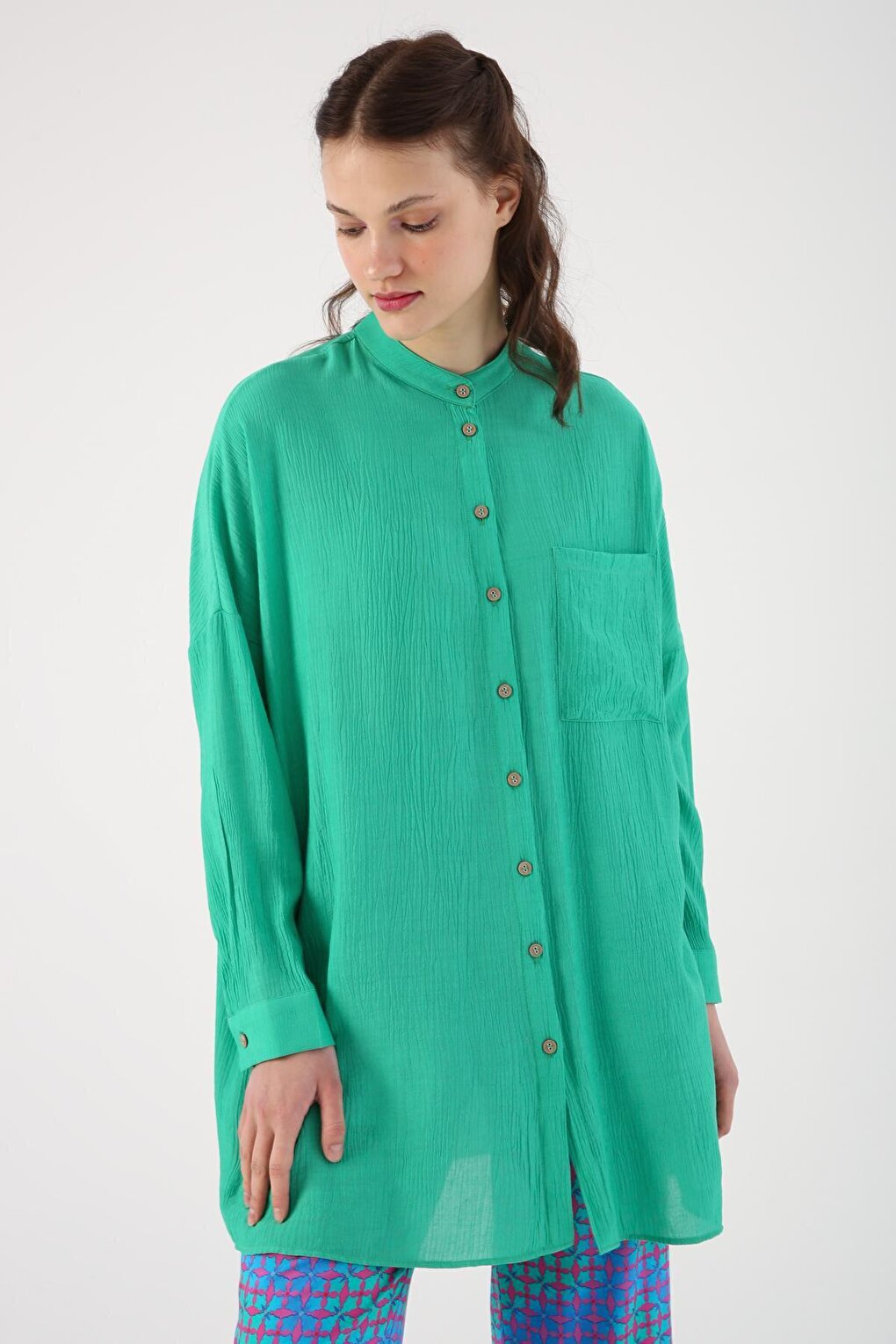 Green Pocketed Collar Shirt Tunic