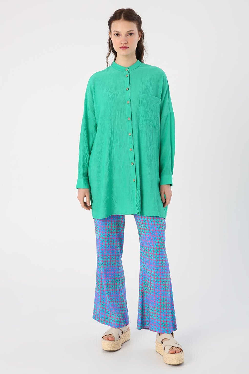 Green Pocketed Collar Shirt Tunic