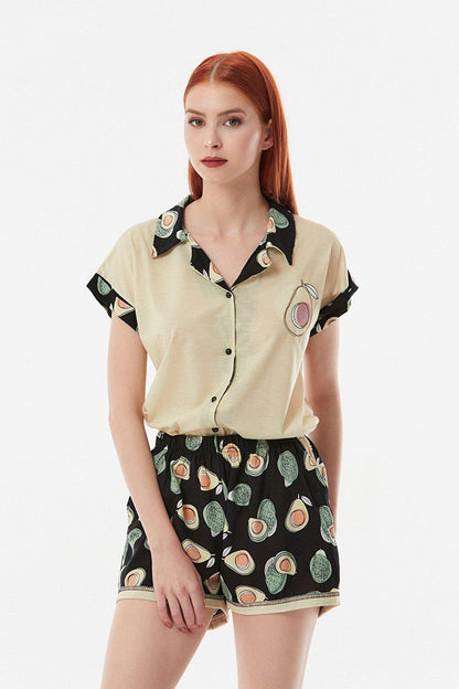 Avocado Patterned Shirt Collar Pajama Set with Shorts