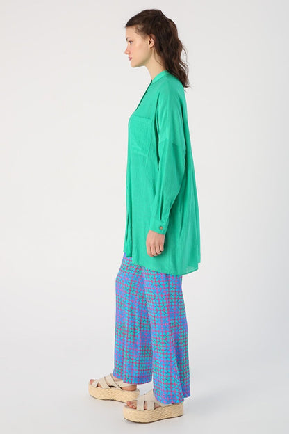 Green Pocketed Collar Shirt Tunic