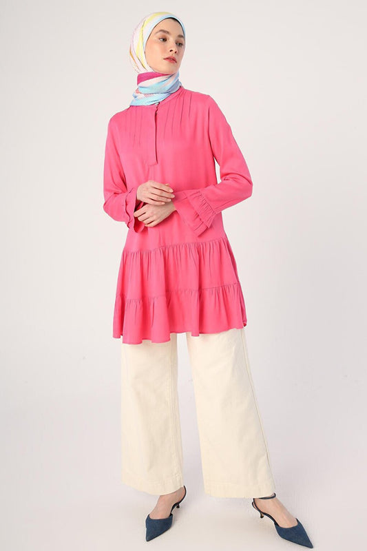 Dark Pink Magnificent Collar Half Layer Flounce Sleeve Tunic