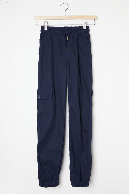 Navy Blue Cargo Pocket Elastic Waist Boy's Linen Trousers 16205