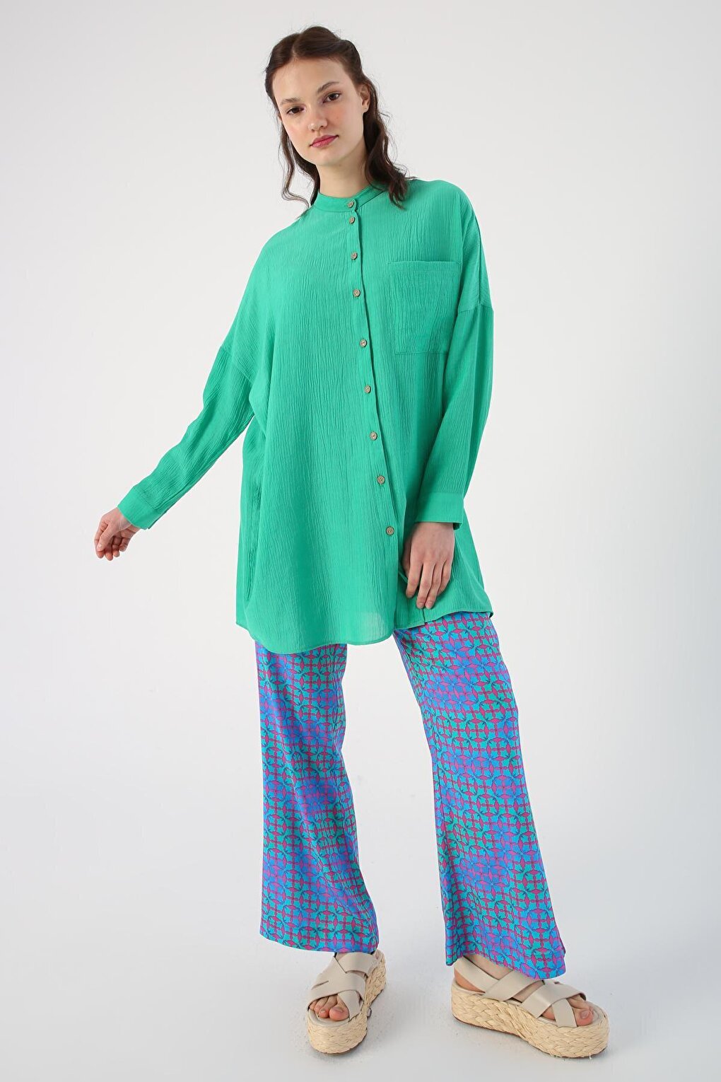 Green Pocketed Collar Shirt Tunic