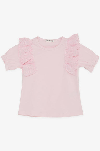 Girl's T-Shirt with Laced Embroidery and Elastic Sleeves Pink (3-8 Years)