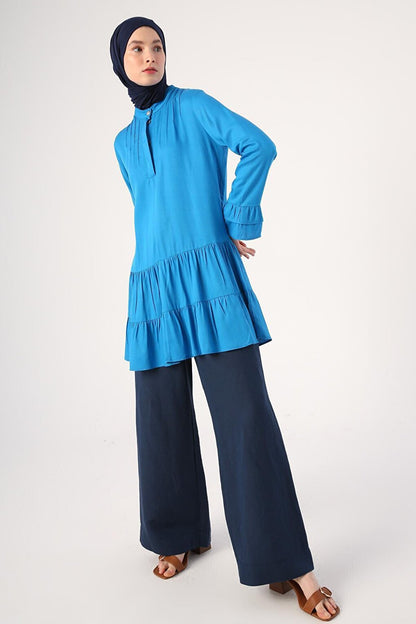 Blue Magnificent Collar Half Layer Flounce Sleeve Tunic