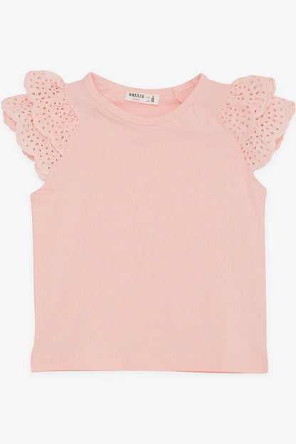 Girl's T-Shirt Sleeves in Salmon with Guipure Embroidery (Ages 3-8)