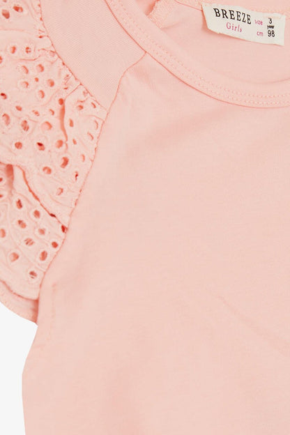 Girl's T-Shirt Sleeves in Salmon with Guipure Embroidery (Ages 3-8)