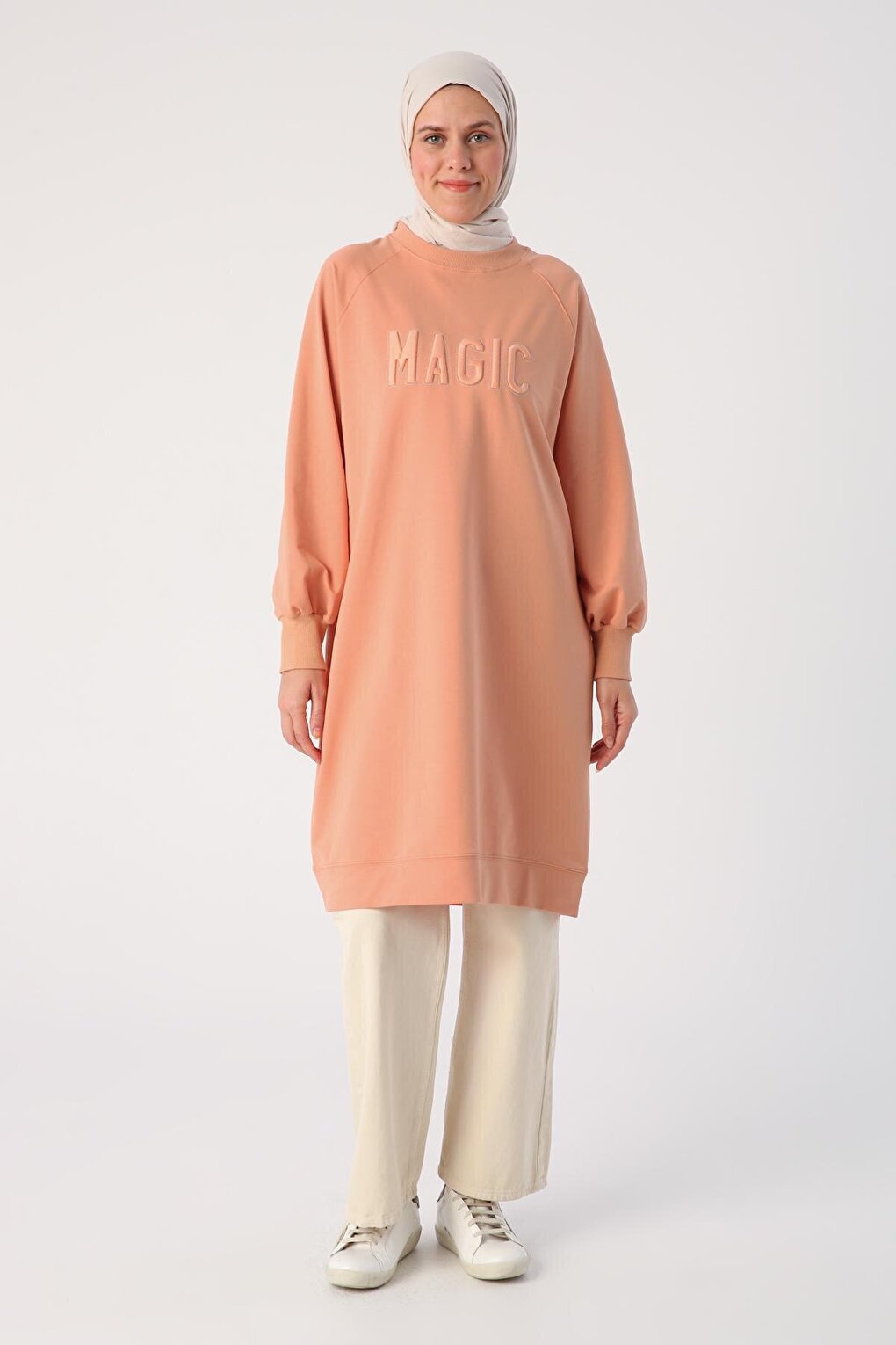 Salmon Large Size Embroidered Sweat Tunic