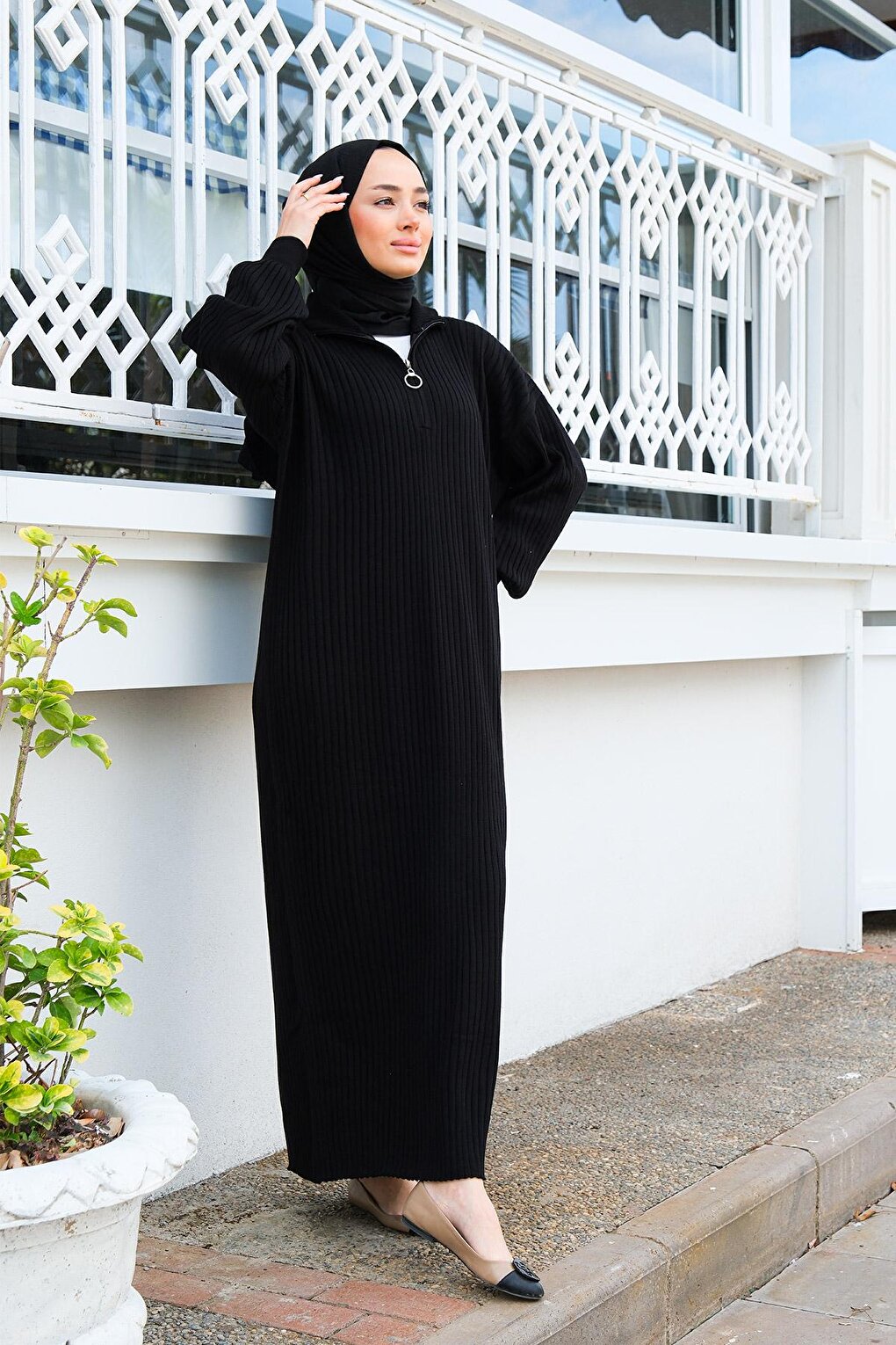 Zippered Front Knitwear Dress Black