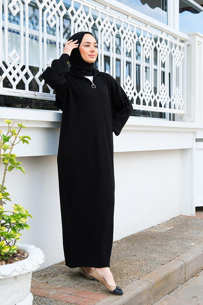 Zippered Front Knitwear Dress Black