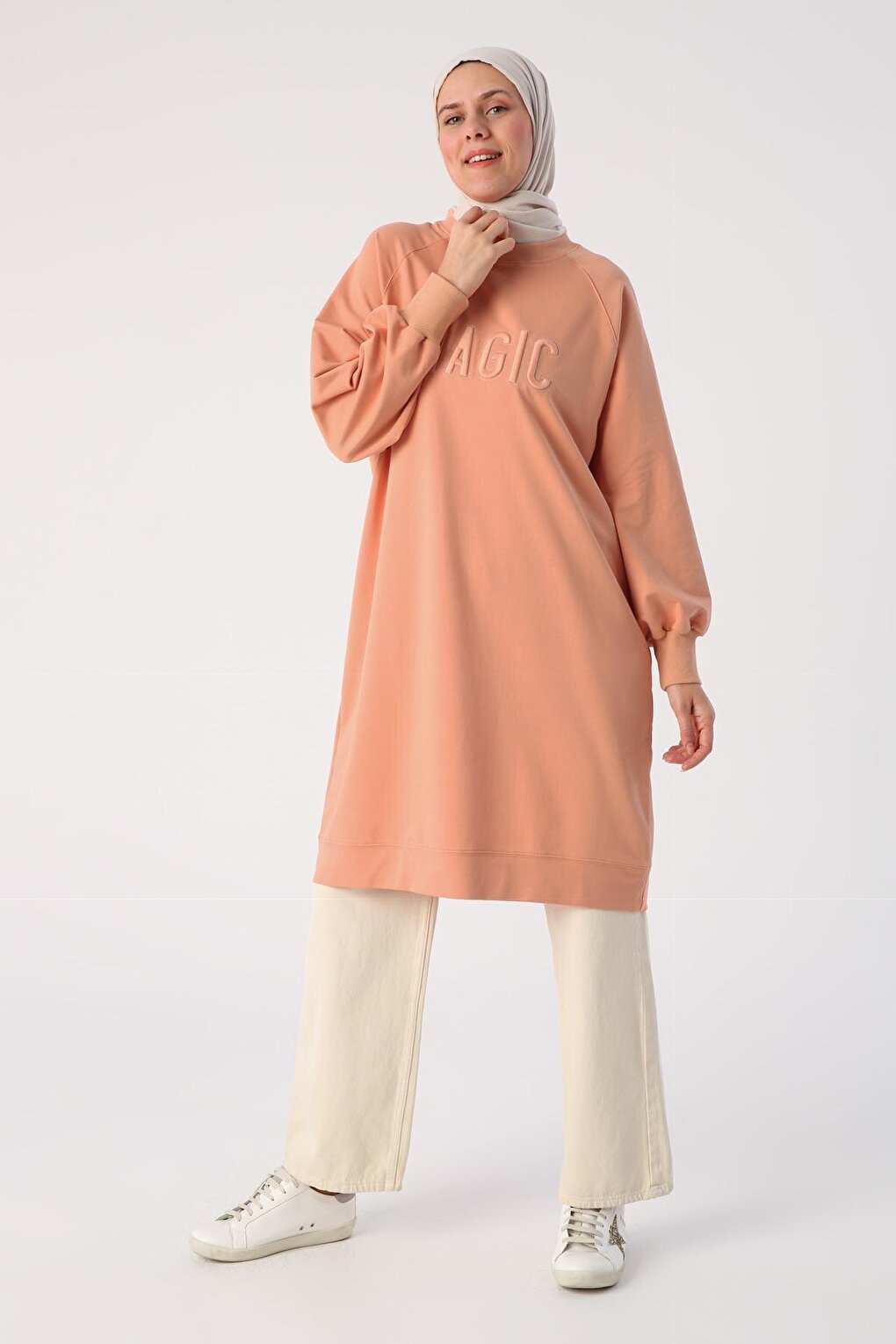 Salmon Large Size Embroidered Sweat Tunic