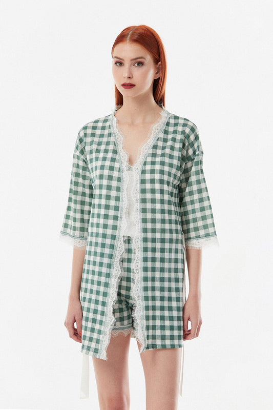 Gingham Patterned 3-Piece Pajama Set with Shorts