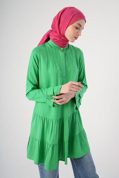 Grass Green Magnificent Collar Half Placket Flounce Sleeve Tunic