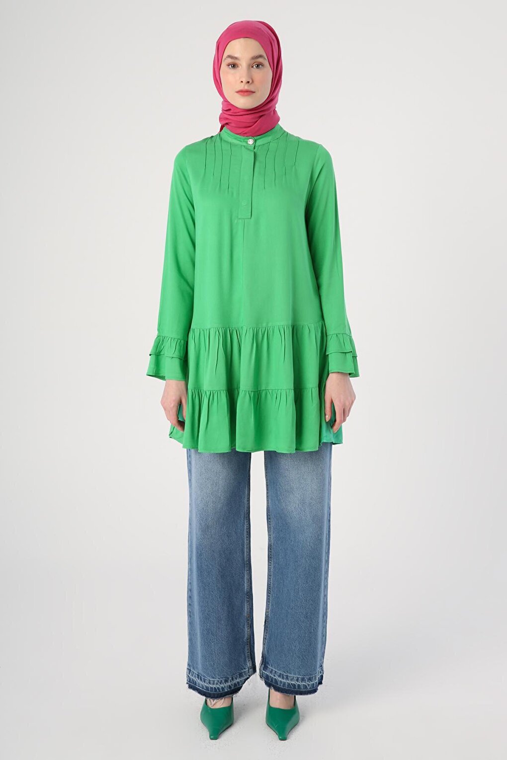 Grass Green Magnificent Collar Half Placket Flounce Sleeve Tunic