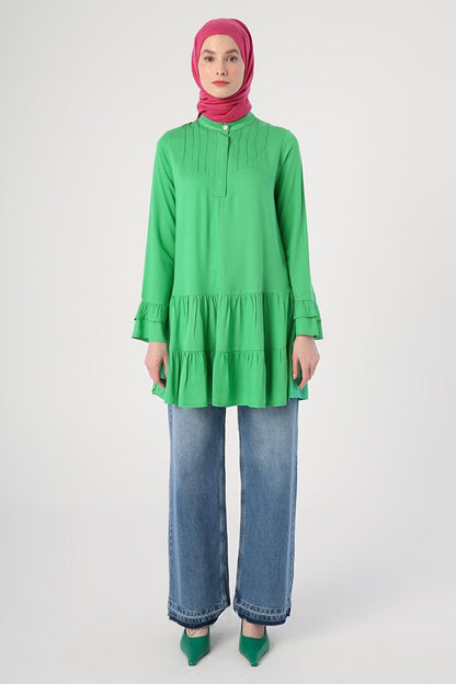 Grass Green Magnificent Collar Half Placket Flounce Sleeve Tunic