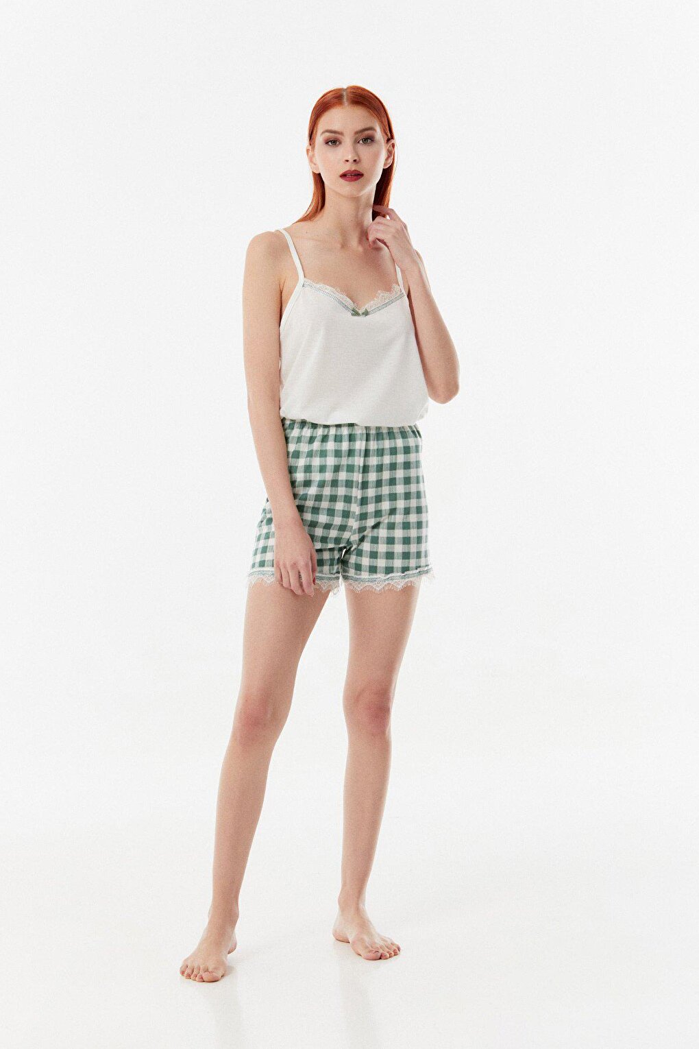 Gingham Patterned 3-Piece Pajama Set with Shorts