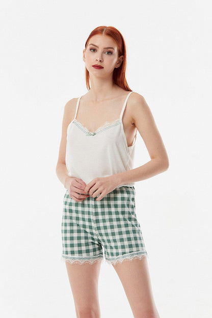 Gingham Patterned 3-Piece Pajama Set with Shorts