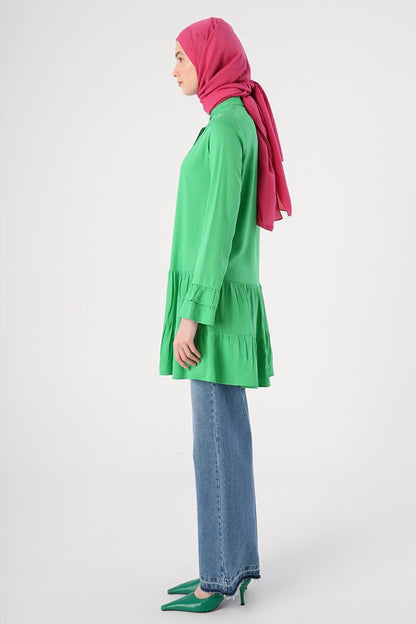 Grass Green Magnificent Collar Half Placket Flounce Sleeve Tunic