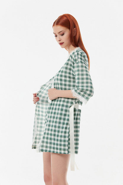 Gingham Patterned 3-Piece Pajama Set with Shorts