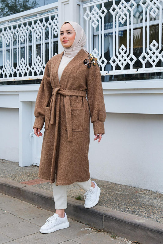 Shoulder Embroidered Pocket Coat Mink