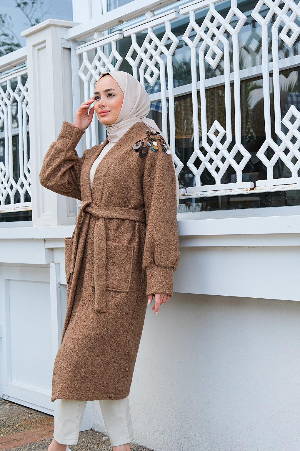 Shoulder Embroidered Pocket Coat Mink