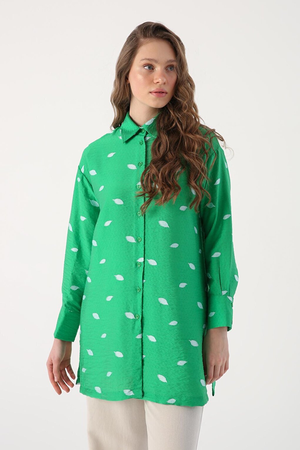 Green Oversize Slit Patterned Shirt Tunic