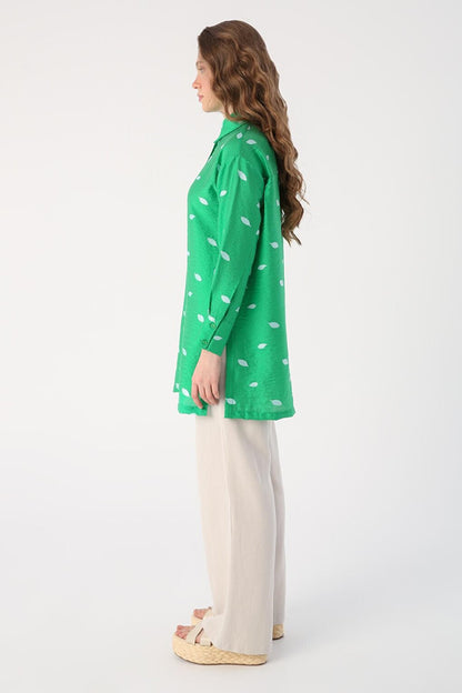 Green Oversize Slit Patterned Shirt Tunic