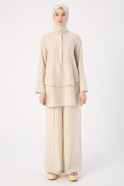 Beige Flounced Collar Half Layer Tunic