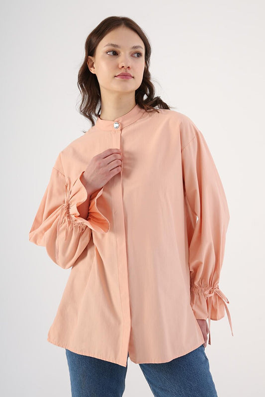 Salmon Back Pleat Detailed Magnificent Collar Shirt Tunic