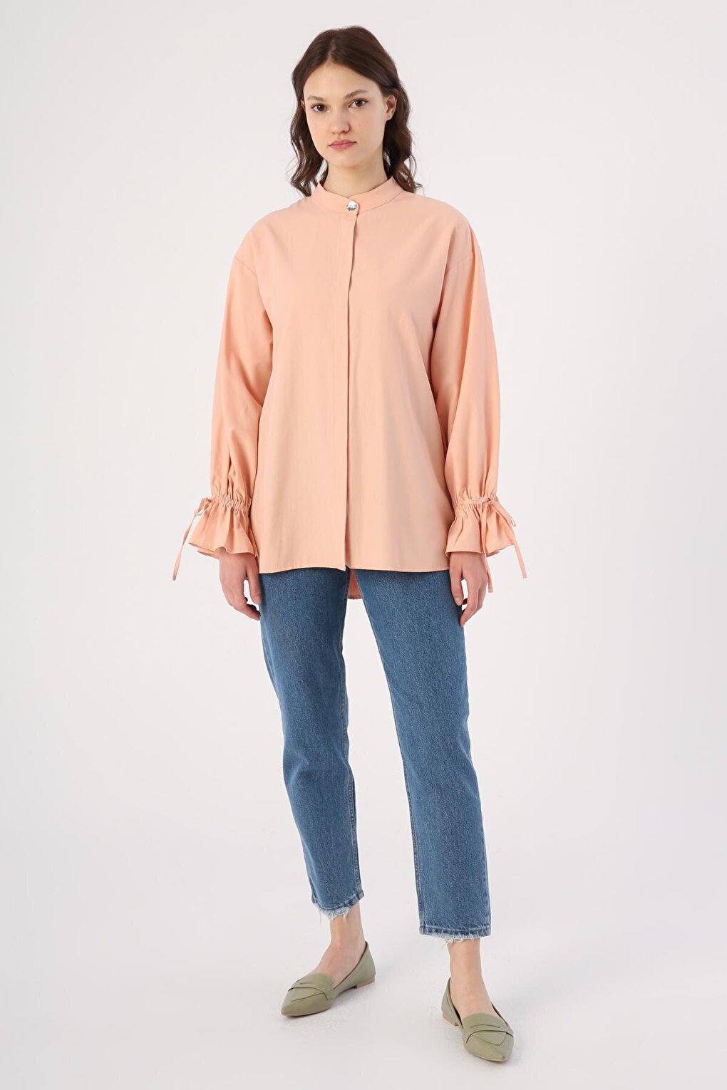 Salmon Back Pleat Detailed Magnificent Collar Shirt Tunic