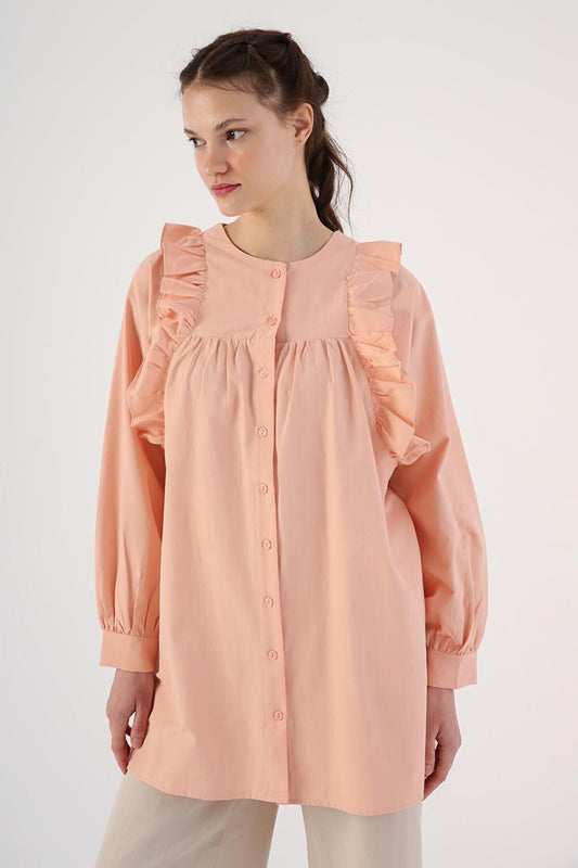 Salmon Ruffle Detailed Cotton Crew Neck Shirt Tunic