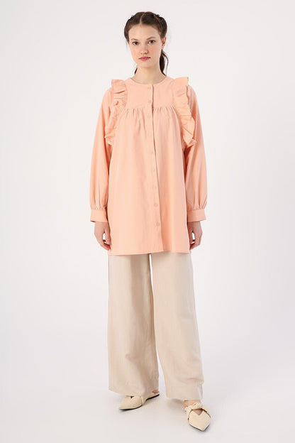 Salmon Ruffle Detailed Cotton Crew Neck Shirt Tunic