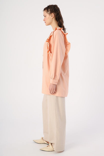 Salmon Ruffle Detailed Cotton Crew Neck Shirt Tunic