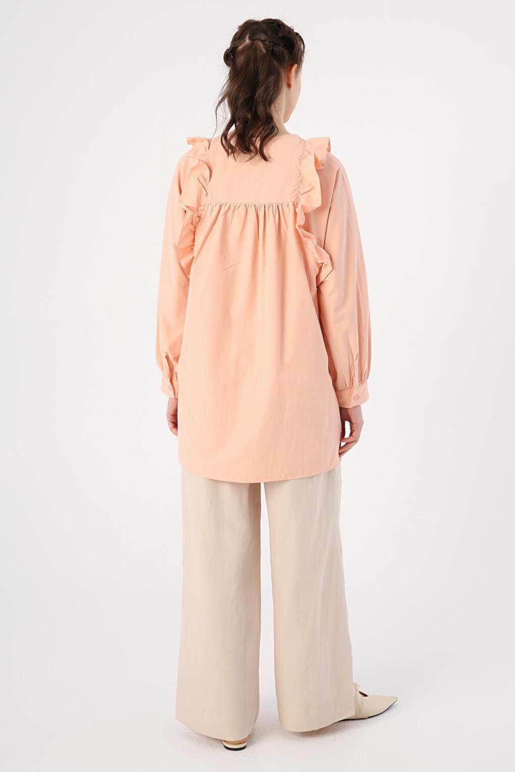 Salmon Ruffle Detailed Cotton Crew Neck Shirt Tunic