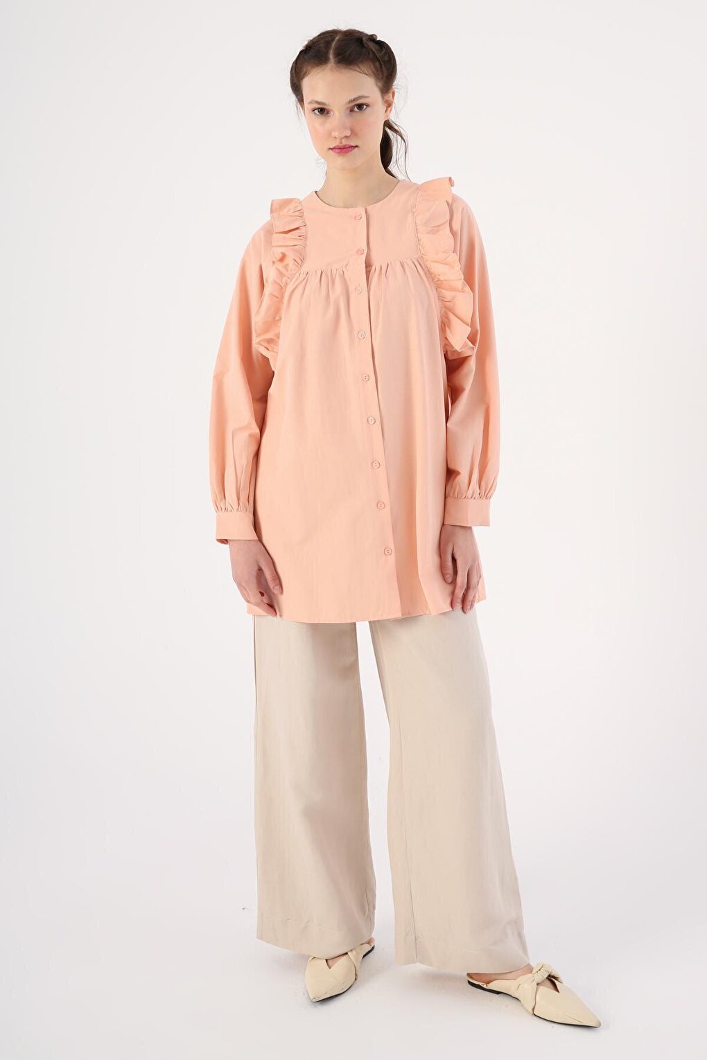 Salmon Ruffle Detailed Cotton Crew Neck Shirt Tunic