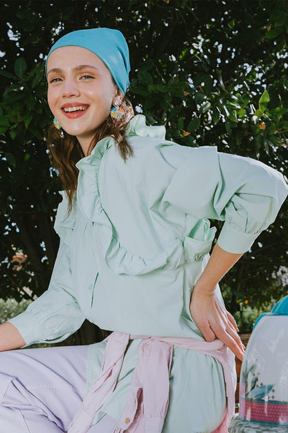 Light Green Ruffle Detailed Cotton Crew Neck Shirt Tunic