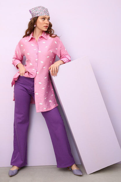 Fuchsia Oversize Slit Patterned Shirt Tunic