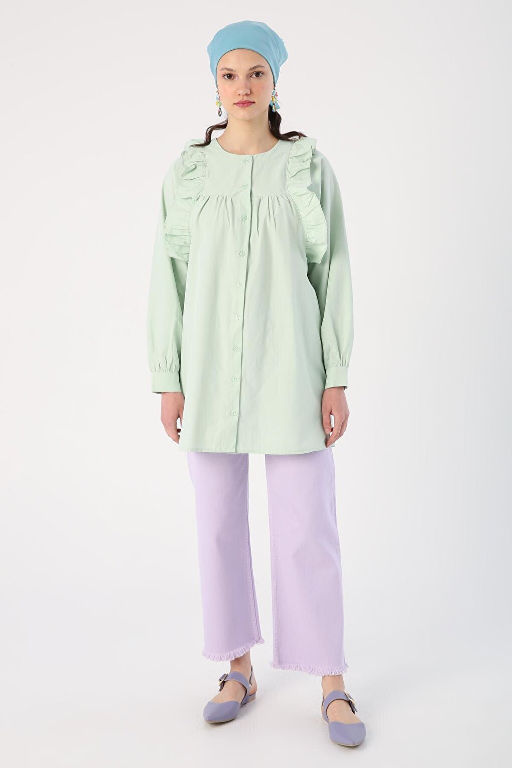 Light Green Ruffle Detailed Cotton Crew Neck Shirt Tunic