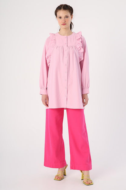 Light Pink Ruffle Detailed Cotton Crew Neck Shirt Tunic