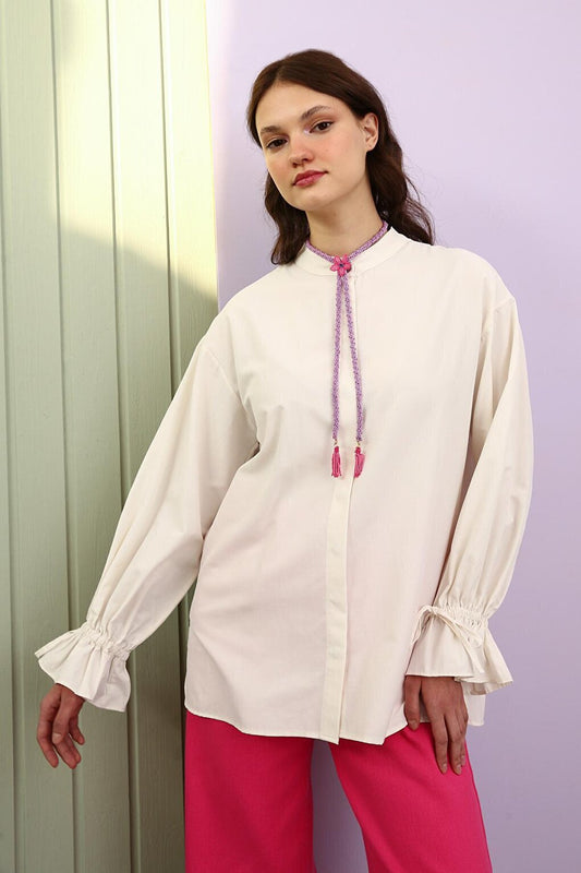 Ecru Collar Shirt Tunic with Pleat Detail on the Back