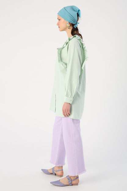 Light Green Ruffle Detailed Cotton Crew Neck Shirt Tunic