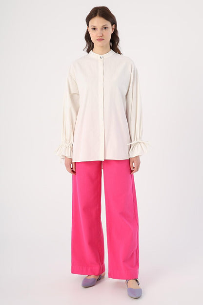 Ecru Collar Shirt Tunic with Pleat Detail on the Back