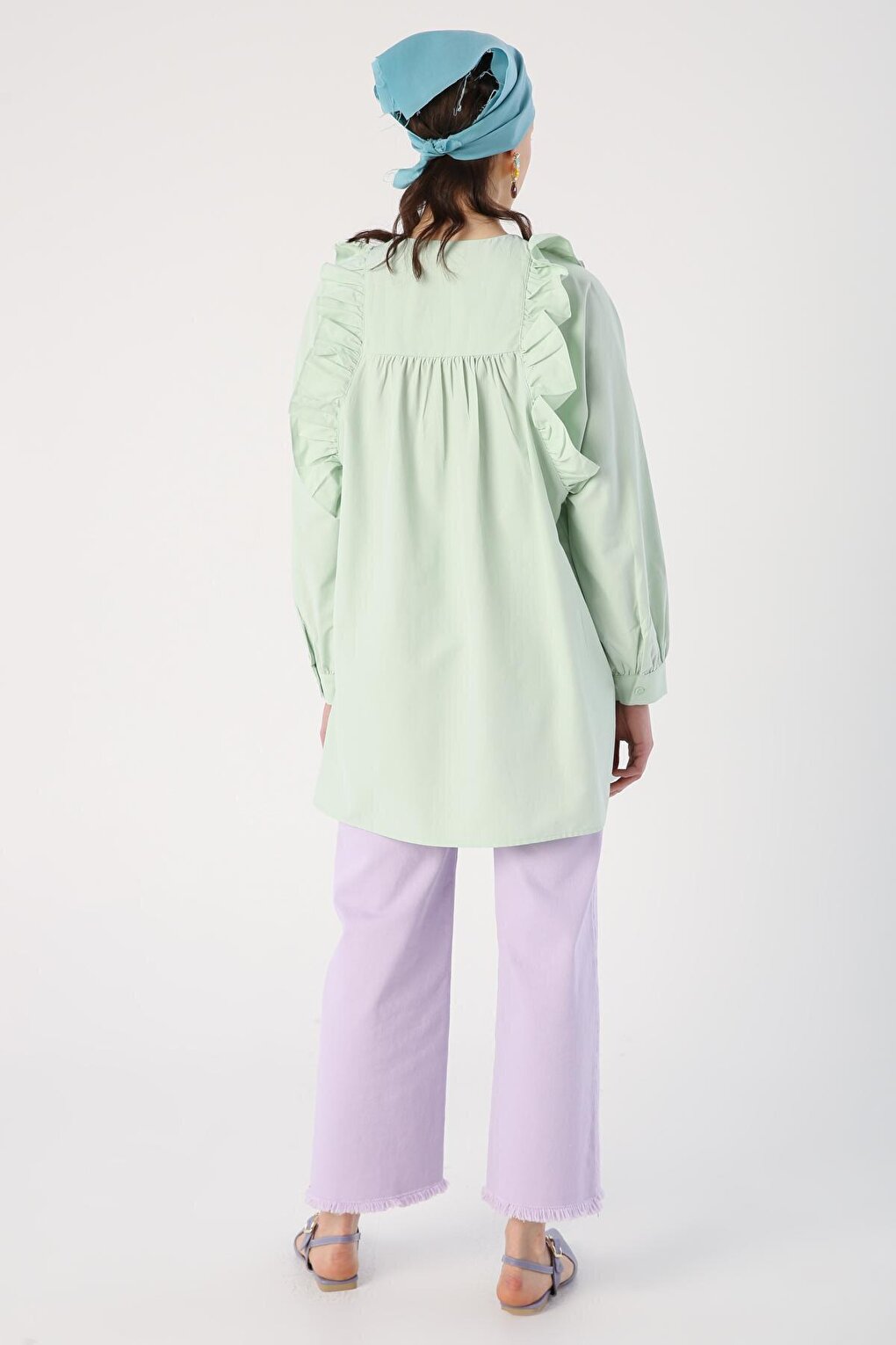 Light Green Ruffle Detailed Cotton Crew Neck Shirt Tunic