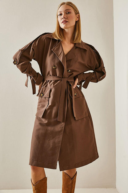 Brown Double Breasted Collar Pocket Trench Coat 4KXK4-47588-18