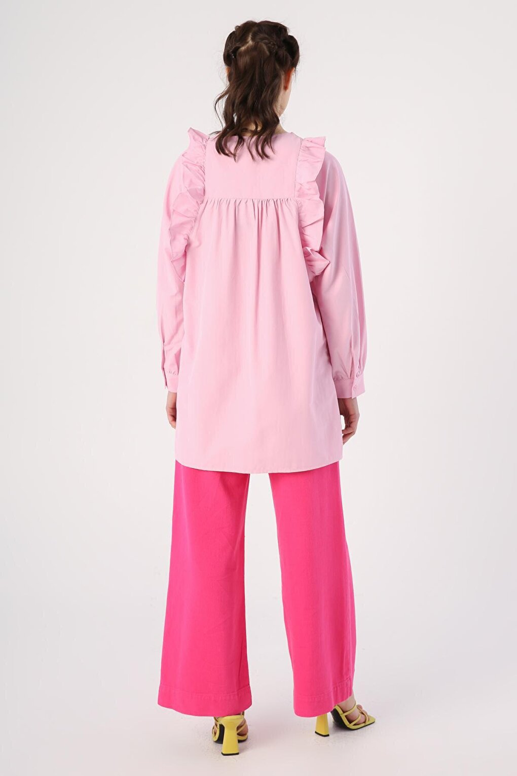 Light Pink Ruffle Detailed Cotton Crew Neck Shirt Tunic