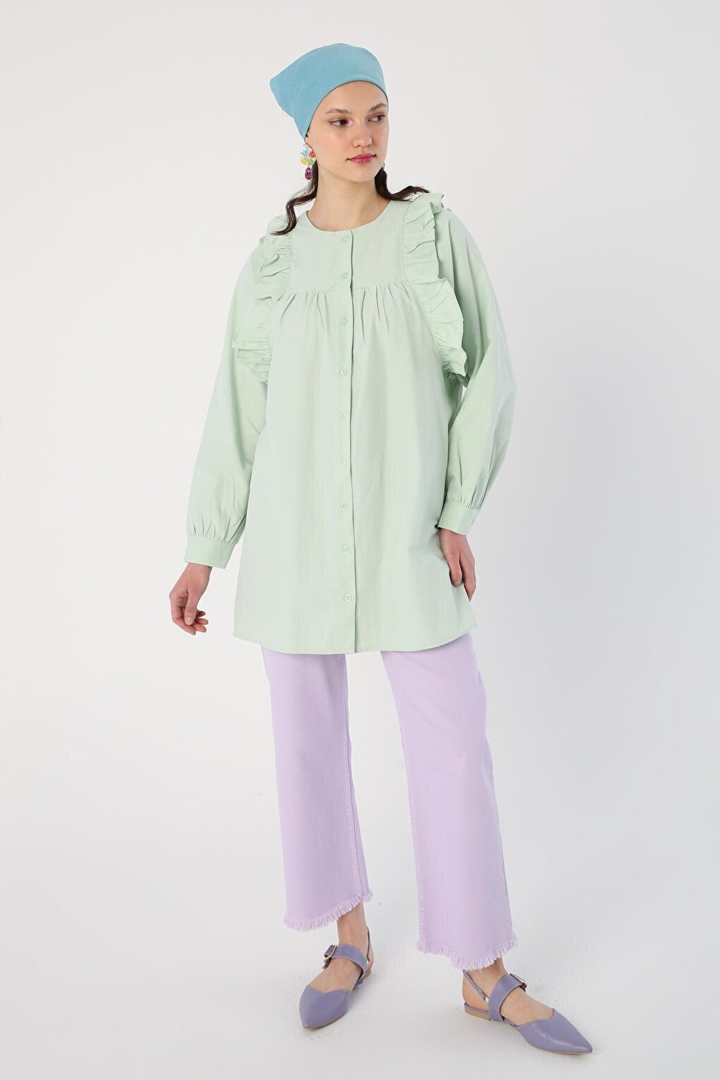 Light Green Ruffle Detailed Cotton Crew Neck Shirt Tunic